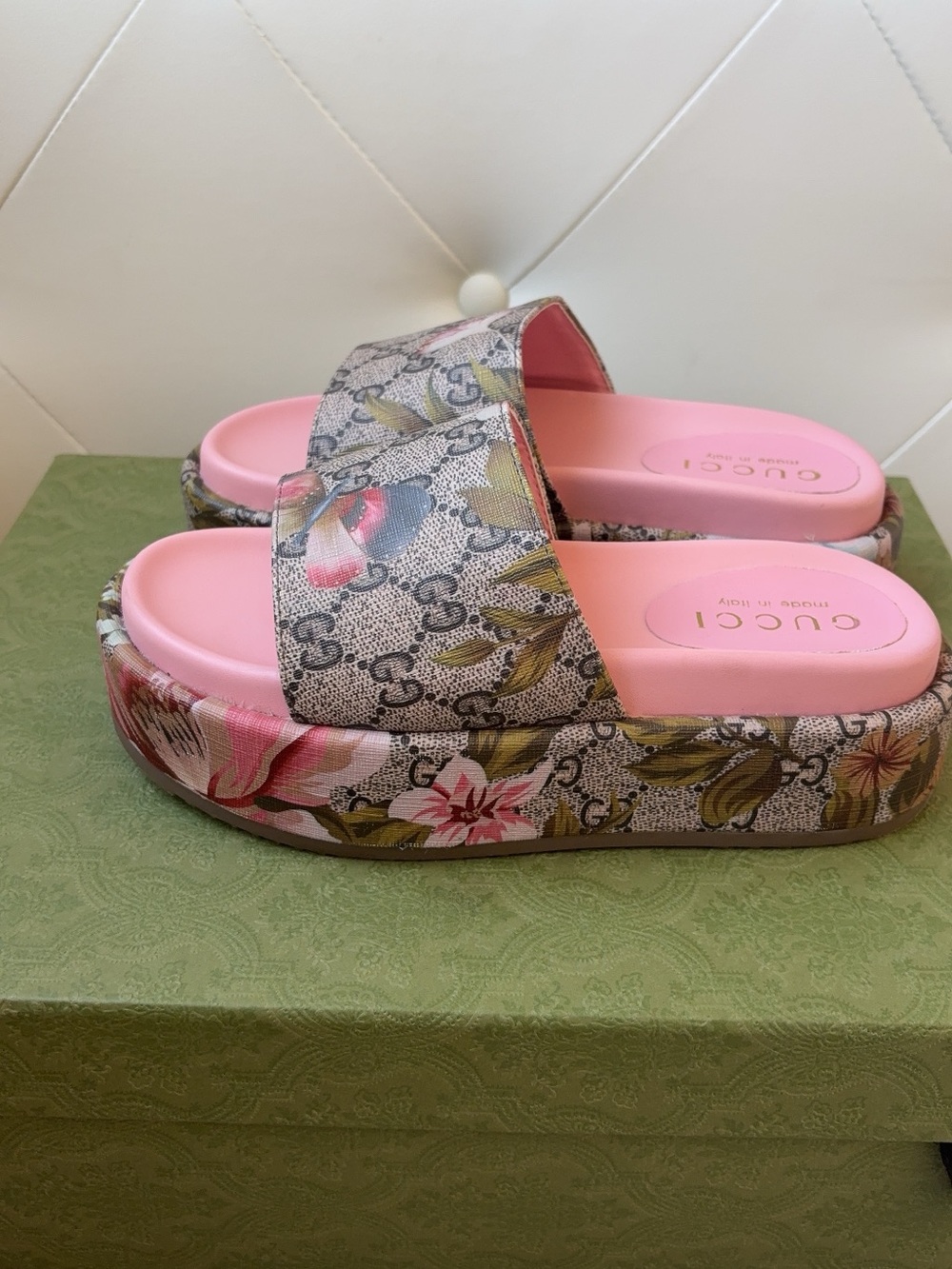 Gucci Floral GG Canvas Pink Platform Slide Sandals